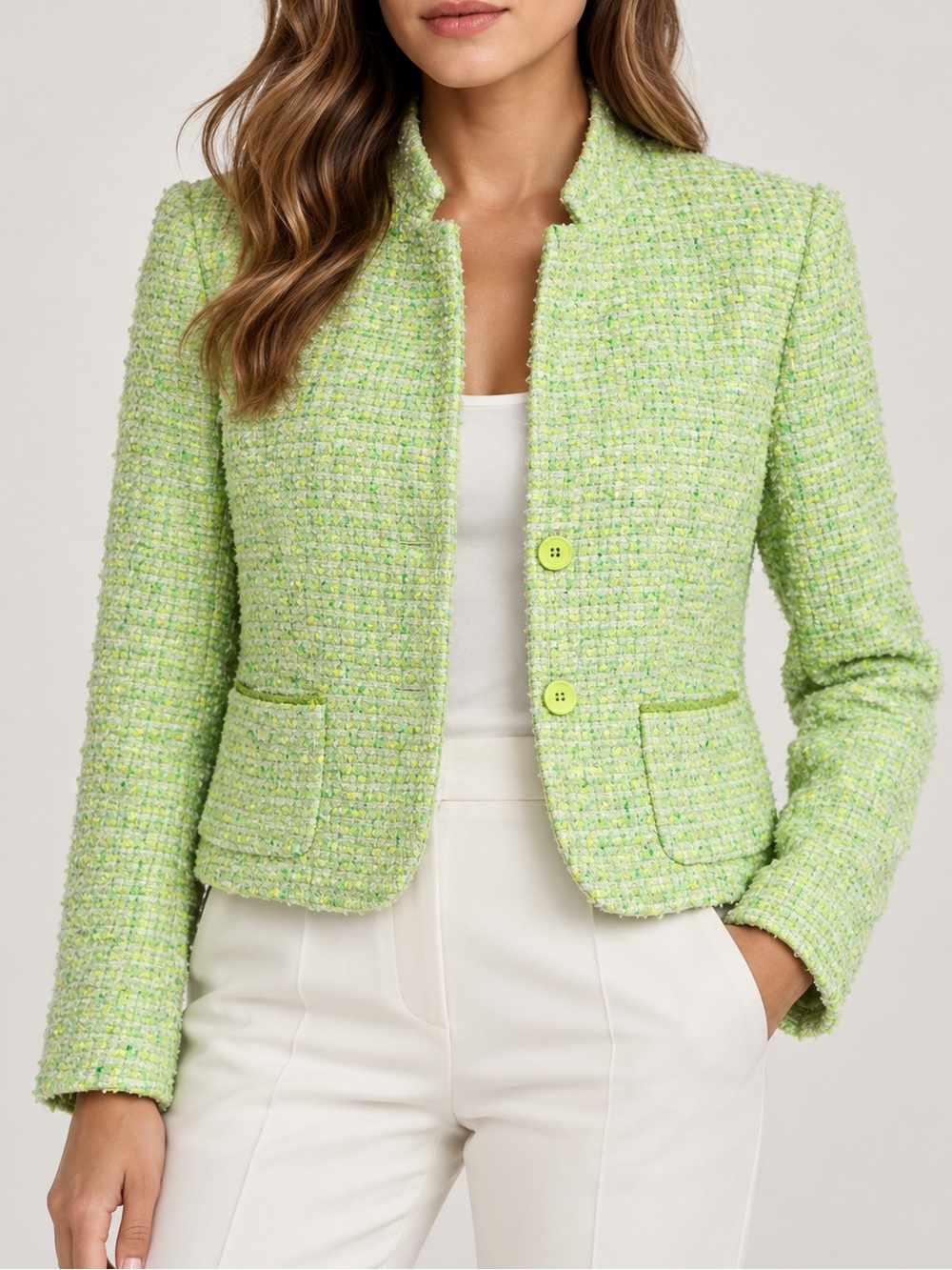 Elie Tahari Lime Green Tweed Boucle Cropped Blazer Jacket Size 6 Statement